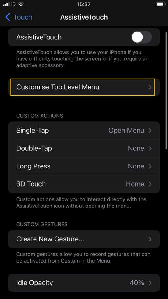 iPhone settings assistive touch customise top level menu