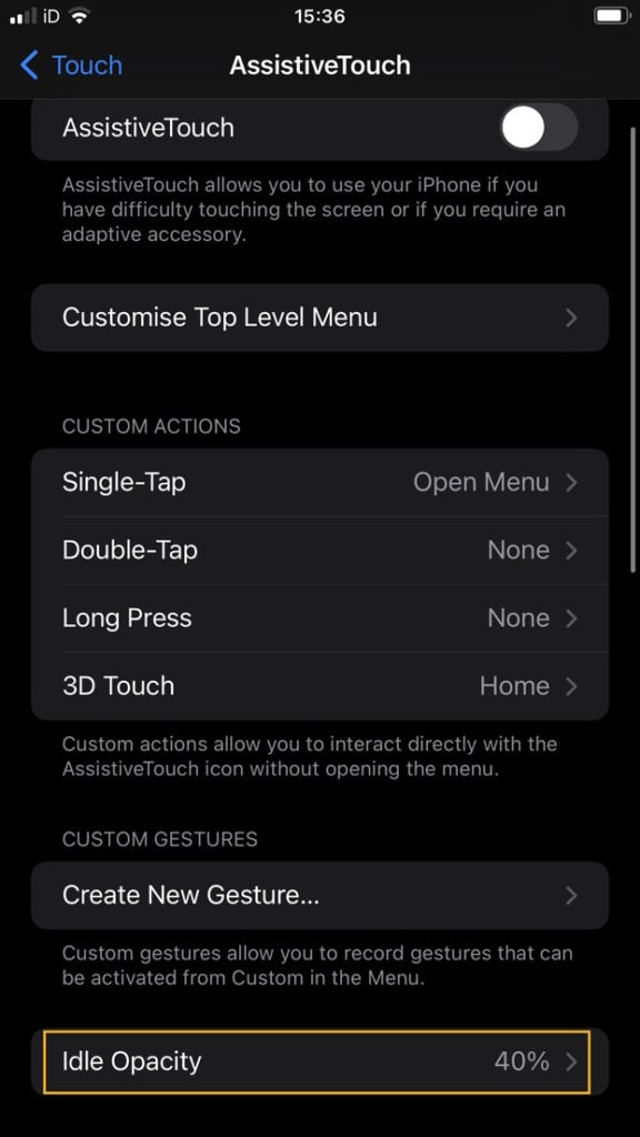 iPhone settings assistive touch idle opacity