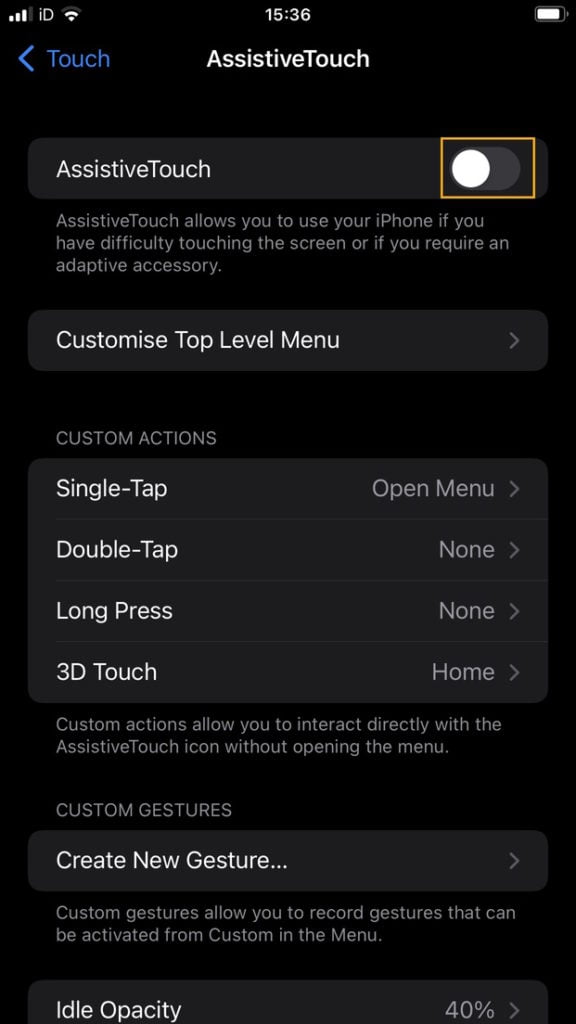 iPhone assistive touch settings on and off