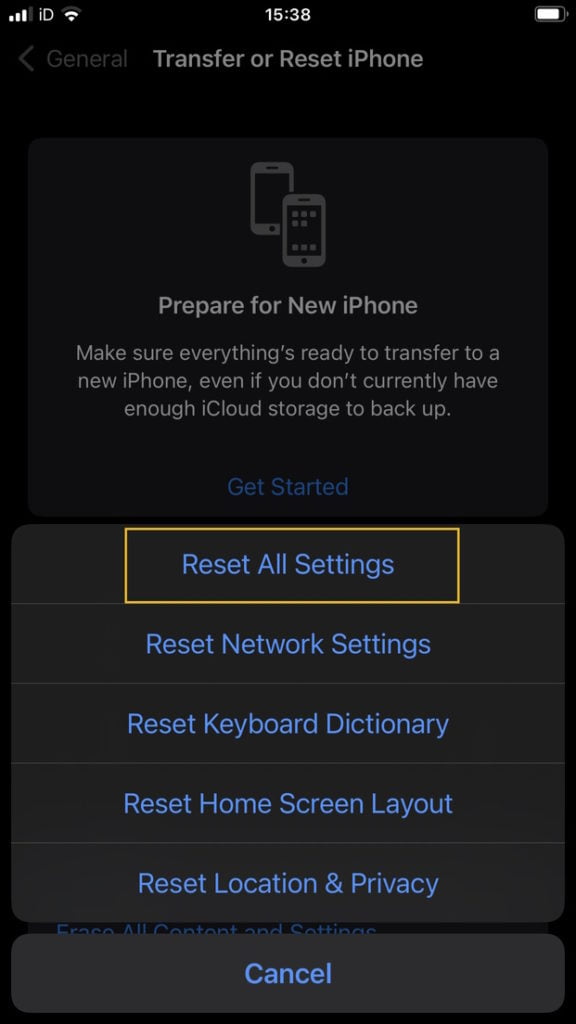 iPhone reset all settings