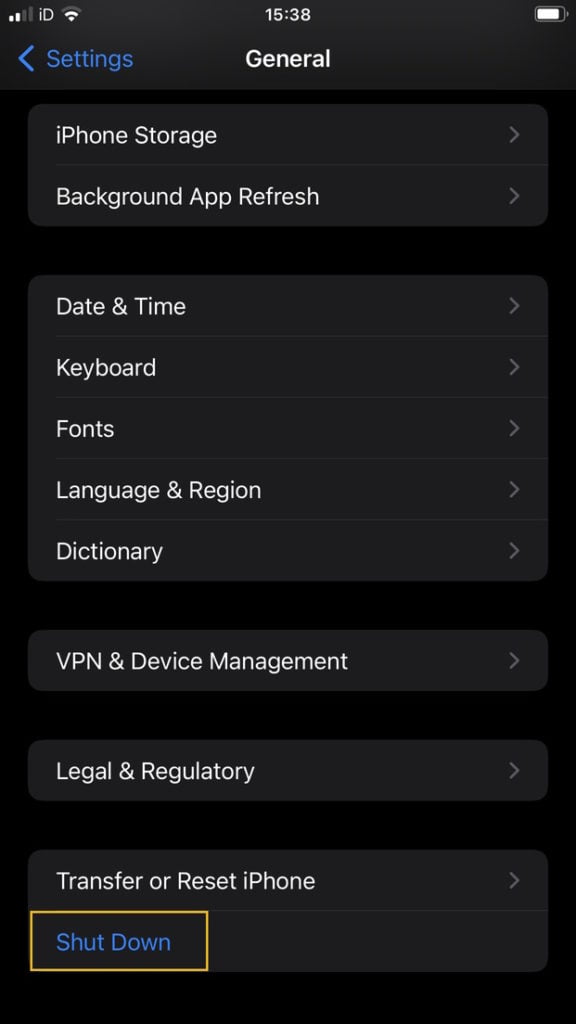 iPhone reset settings general shut down