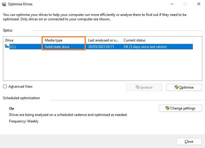 Windows defragment and optimise drives selection window